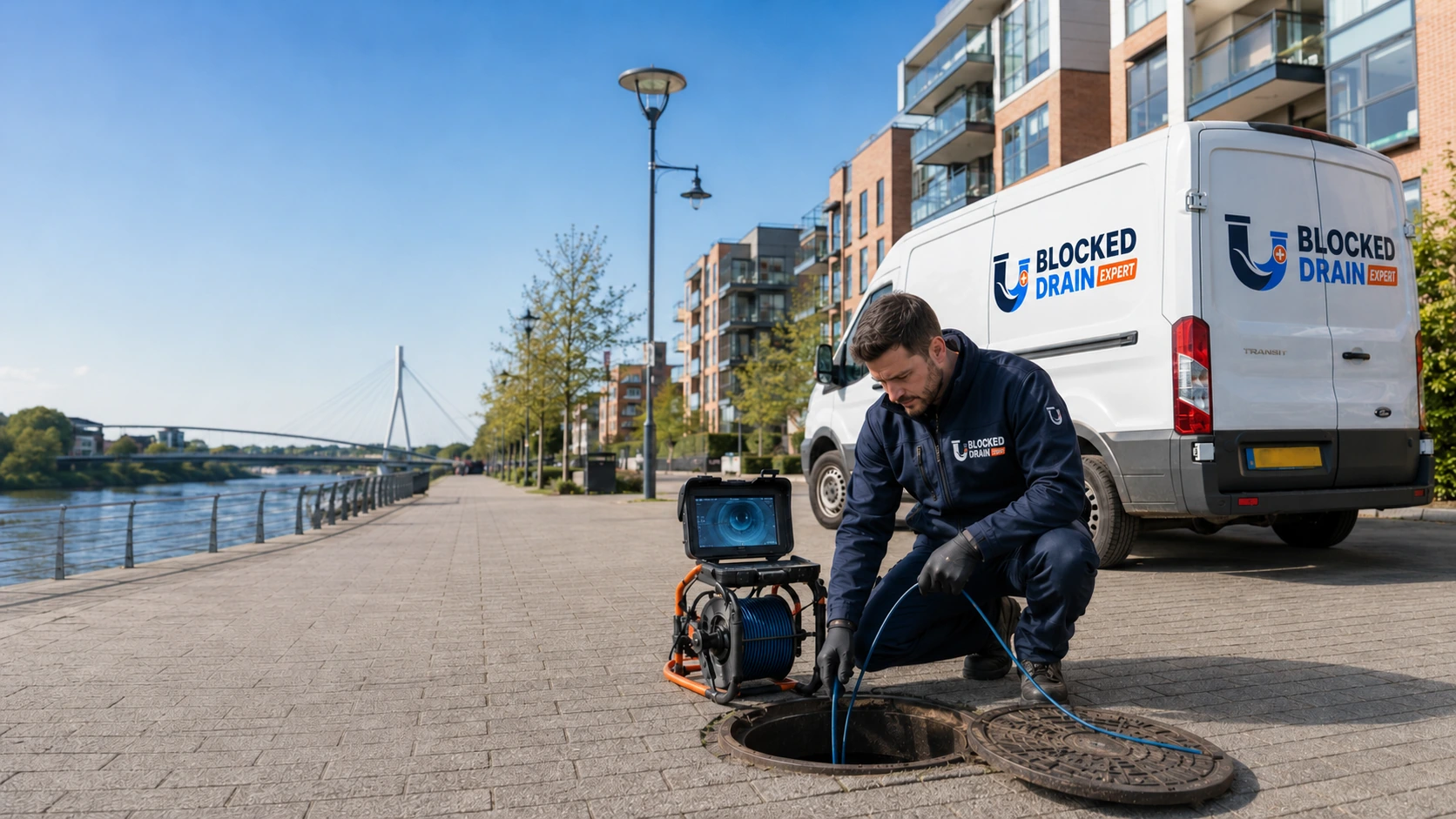 Blocked Drain Expert engineer carrying out a drain inspection beside a branded BDE service van